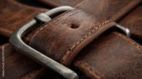 Close-up of brown leather belt buckle