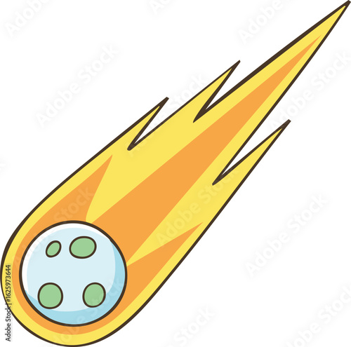 A cartoon meteor streaks across a white background, leaving a fiery trail.