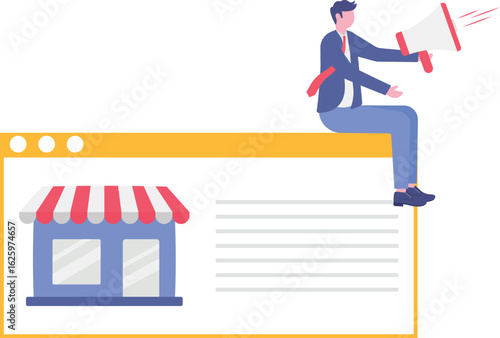 Flat developer and designer team create online shop or store concept.
