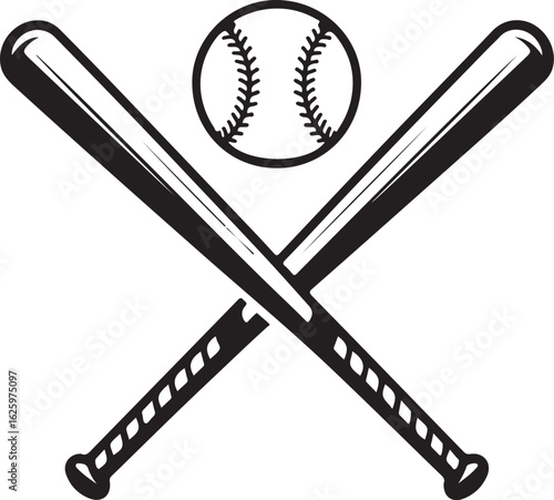 Monochrome two crossed baseball bats, icon sports tool. Vector illustration, isolated on white background. Simple shape for design logo, emblem, symbol, sign, badge, label, stamp