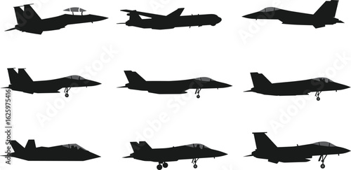 Silhouettes of Military Fighter Jets and Aircraft, Aviation Technology, Airplane Side Views, Jet Planes Flying, Defense Aviation, Isolated White Background