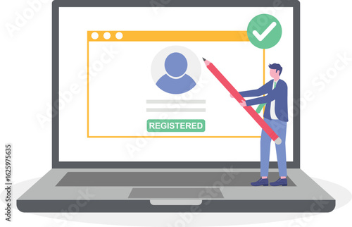 Flat illustration of businesswoman hold pencil complete online registration form on computer screen register new user account
