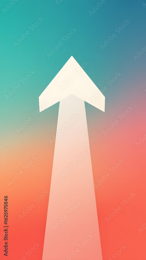 Fototapeta premium A clean white arrow pointing up on a background that shifts from pastel aqua to coral