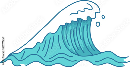 Hand drawn illustration of a big ocean wave rising and splashing with foam on white background, perfect for representing concepts related to nature, surfing, power, and the ocean's beauty