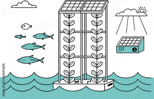 Vector Illustration of Vertical Ocean Farming with Seaweed and Shellfish in Sustainable Marine Environment