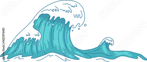 Stylized drawing of a big ocean wave curling and breaking with foam on white background, representing power of nature, surfing, travel and vacation