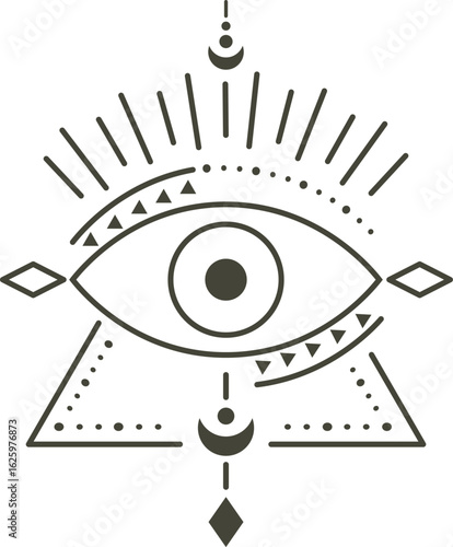 Linear drawing of an eye within a triangle radiating light, adorned with esoteric geometric shapes like moons and rhombuses, embodying spirituality and mysticism