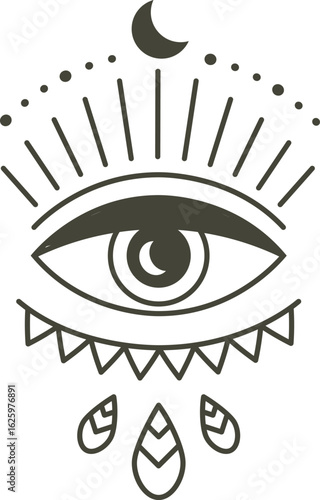 Eye of Providence radiating light beams with moon and decorative elements at top and bottom, representing spirituality, mysticism and esoteric knowledge