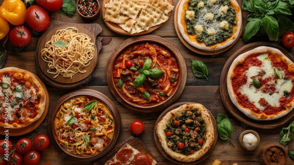 Assorted italian cuisine served on rustic wooden table featuring pizza, pasta, bruschetta, olives, and cheese for traditional mediterranean dining scene
Assorted italian cuisine served on rustic wooden table featuring pizza, pasta, bruschetta, olives, and cheese for traditional mediterranean dining scene