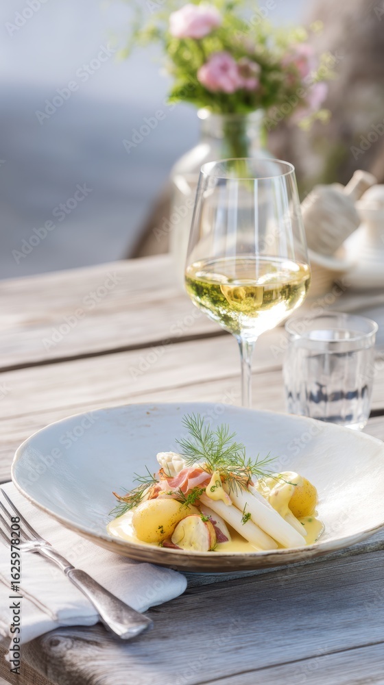 White Asparagus with Hollandaise Sauce, Baby Potatoes and Prosciutto – Spring Gourmet Dish. AI generative. White Asparagus with Hollandaise Sauce, Baby Potatoes and Prosciutto – Spring Gourmet Dish. AI generative.