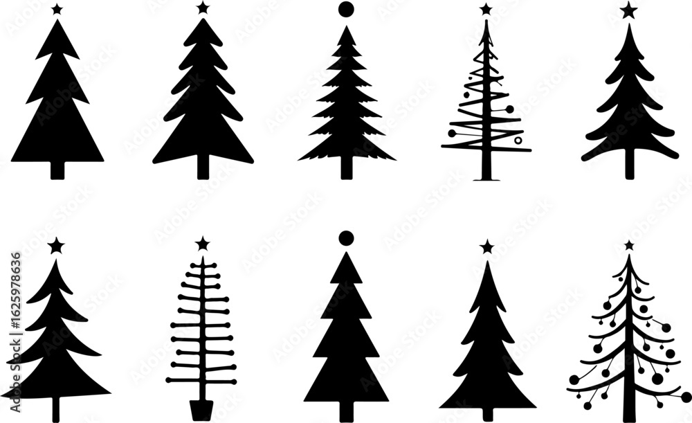 Obraz premium Christmas, tree, silhouette, geometric, modern, holiday, festive, black vector bundle