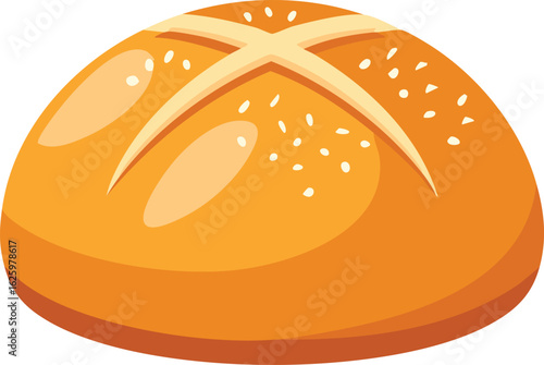 A cartoon-style illustration of a round, golden-brown bread roll with a cross-shaped design and sesame seeds on top.