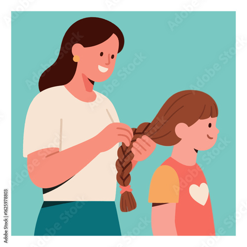 A loving mother gently braids her daughter's hair in a sweet moment of care and connection, showing the bond between parent and child in a tender illustration.