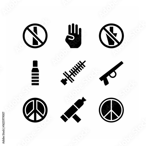 Anti-War Symbols Featuring Peace Signs, Prohibition Signs, and Protest Hand Isolated on White Background