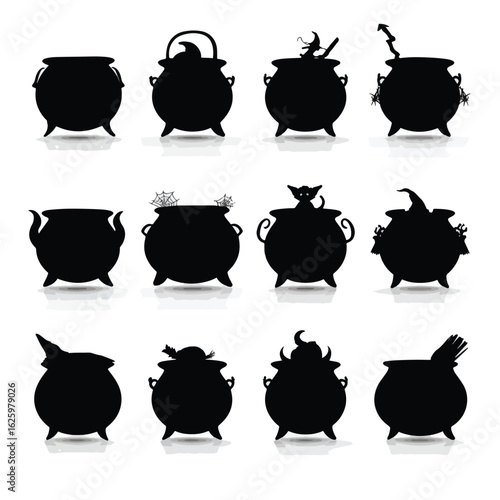 Vector silhouette set of Halloween Cauldron isolated in White background, silhouette Set, Halloween theme, Vector illustration