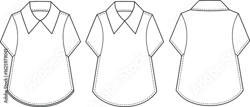 Skirt fashion template, front back technical drawing, button closure waistband, slit and pocket detail, seam line construction, garment sketch illustration, vector layout.