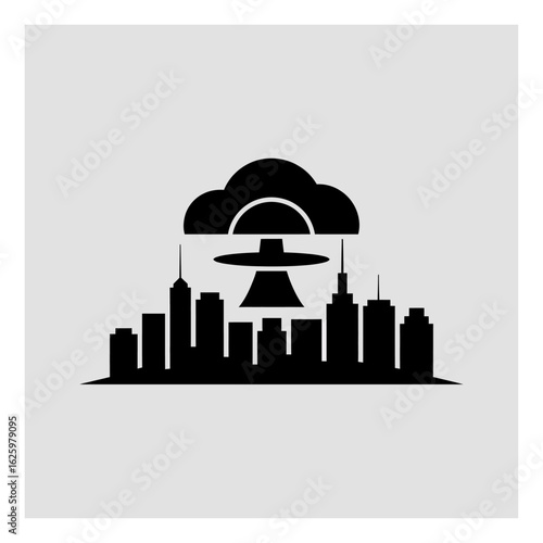 Black silhouette illustration of a city skyline under a UFO with a cloud-like shape hovering over it, creating a striking contrast against the light gray background