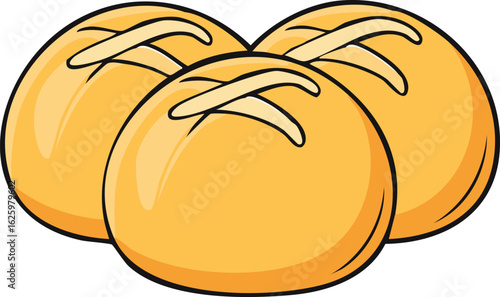 Three round, golden-brown bread rolls are arranged closely together, showcasing their crusty tops.