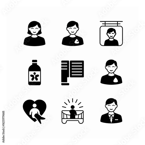Collection of icons portraying people, care, knowledge, and wellbeing in a minimalist vector design style