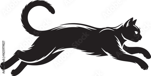 Dynamic black cat silhouette jumping. Isolated vector illustration of an agile feline leaping forward.
