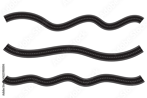 Winding and curved road. Highways, asphalt paths icon set vector