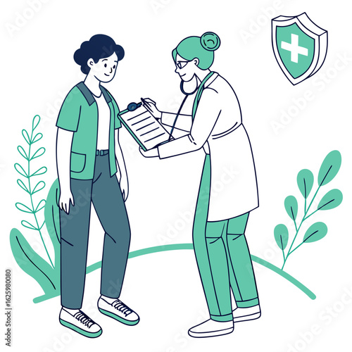Flat illustration of a person visiting a doctor for a routine check-up, stethoscope, health chart, line art with clean medical green and blue, white background, preventative care vector.