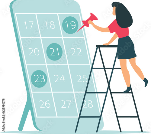 Project manager using push pin to mark completed tasks on a large online calendar displayed on a giant smartphone, managing deadlines and workflow efficiently