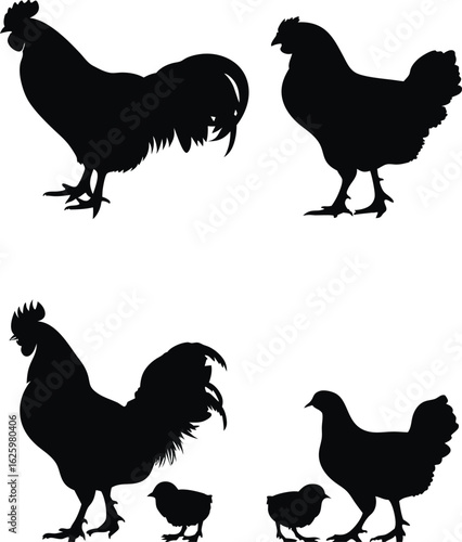 Black Silhouettes of Farm Animals Portraying Roosters Hens and Chicks in a Monochrome Agricultural Composition