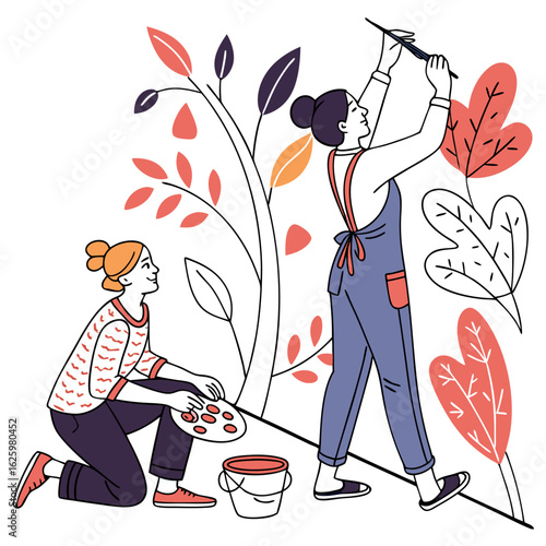 Flat illustration of people participating in an art and craft workshop with paintbrushes and clay, vibrant line art on white background