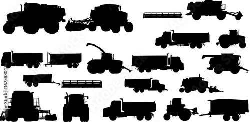 a collection of black and white agricultural machinery silhouettes, vector illustration
