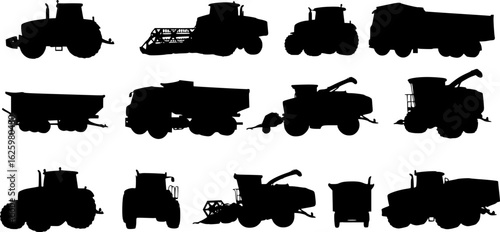 a collection of black and white agricultural machinery silhouettes, vector illustration
