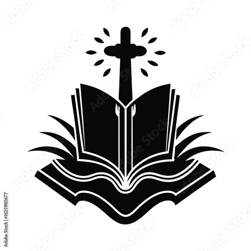 Cruz rodeada de agua bendita y biblia abierta