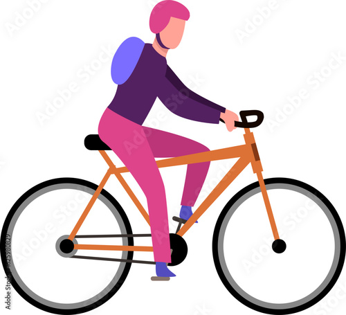 Young cyclist with pink helmet and backpack riding an orange bicycle, side view of a person cycling promoting healthy lifestyle and sustainable transportation