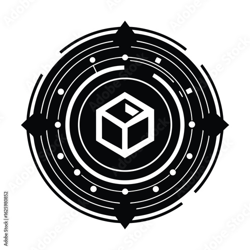 Cyber glyphs rotating in a digital void