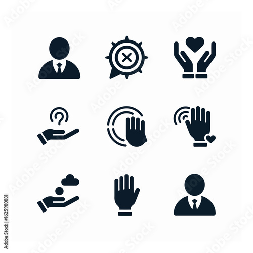 Collection of vector icons featuring hands, human figures, and symbols representing diverse themes of help, rejection, and questioning