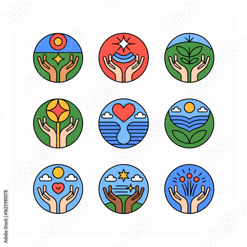 Collection of vibrant wellness icons featuring hands nurturing nature, dreams, and abundance in circular designs