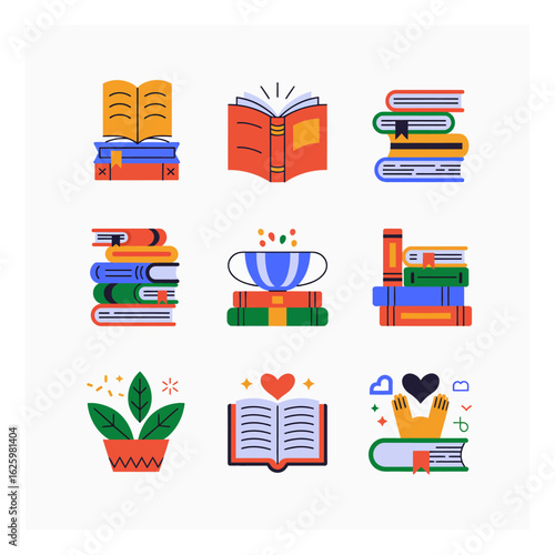 Colorful book illustrations featuring stacks, open books, potted plant, and tea cup offering a vibrant collection for book lovers and design enthusiasts