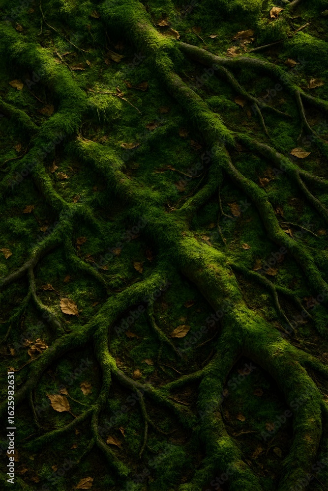 Fototapeta premium Moss Covered Tree Roots on a Forest Floor