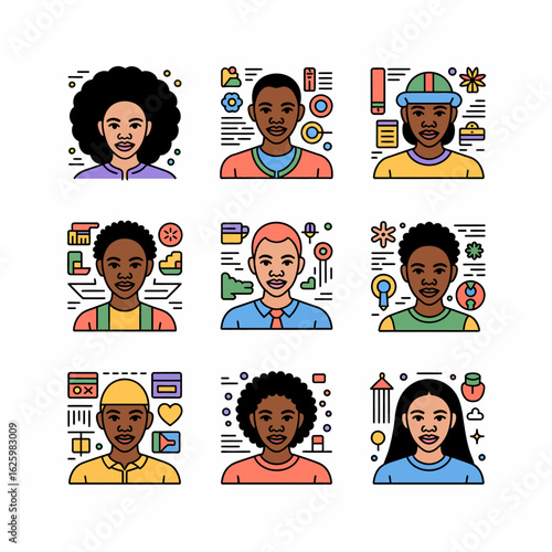 Diverse avatars showcasing multicultural representation in modern vector art, celebrating inclusivity and digital identity with vibrant colors and clean design