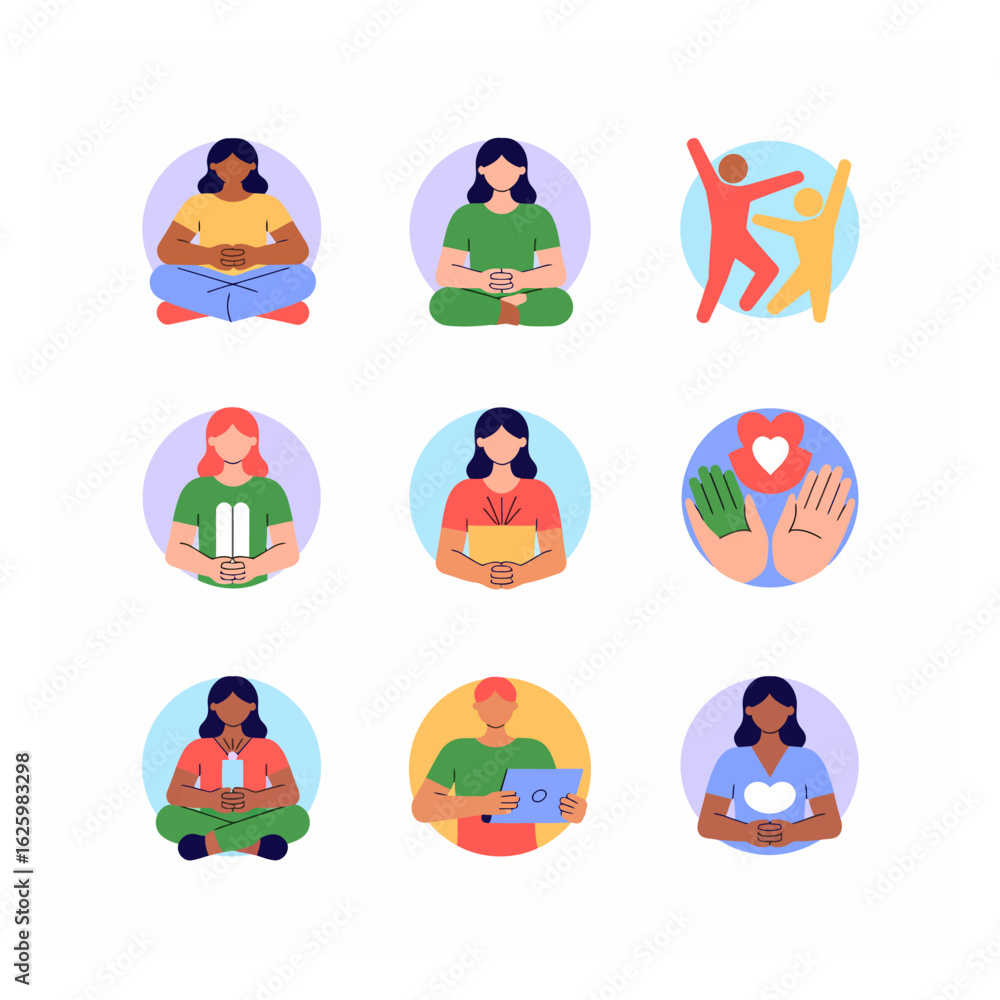 Fototapeta premium Diverse community embracing connection, wellness, and technology in a modern illustration style