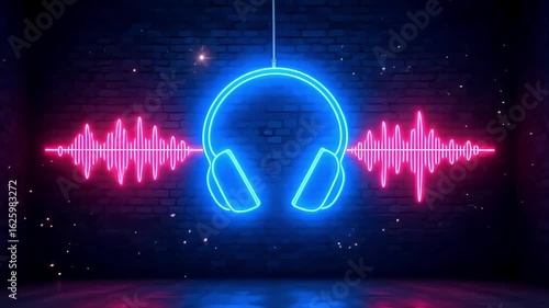 Listen up Neon headphone and audio waves create a vibrant soundscape on brick wall background