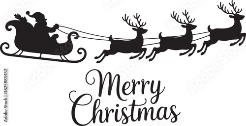 Santa Claus ride sleigh drawn flying reindeer Christmas illustration