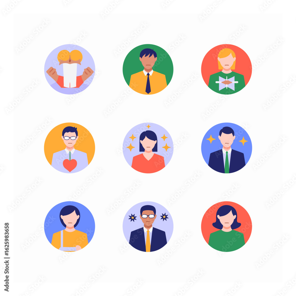 Fototapeta premium Diverse emotions and reactions represented by nine distinct individuals in a flat vector style, showcasing a range of feelings and expressions