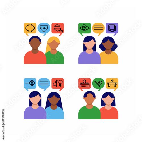 Diverse group communication showcasing connection and ideas sharing in a modern workplace setting with colorful speech bubbles
