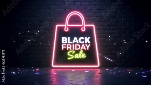 Exciting Black Friday sale animation with glowing neon shopping bag on brick wall background
