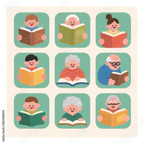 Diverse group of people reading books illustration showing different ages and genders in a colorful and inclusive design promoting literacy and learning