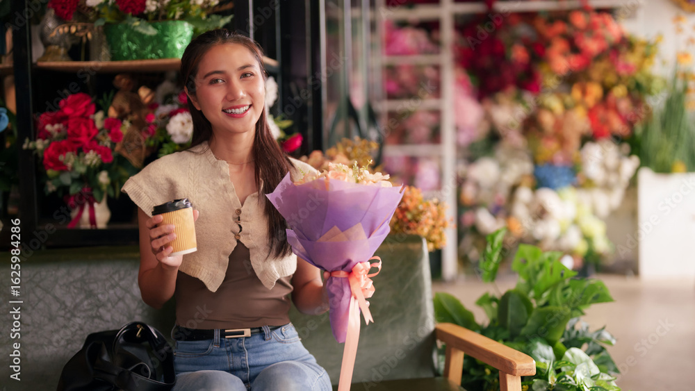 Fototapeta premium Asian woman customer smiling holding fresh flower bouquet coffee cup inside vibrant flower shop purchasing beautiful floral arrangement retail store happy moment