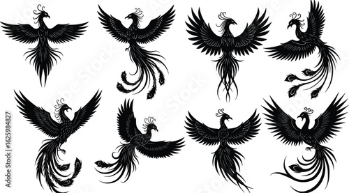 Phoenix Bird Tattoo Design, Mythical Creature Art, Elegant Feathers, Black Silhouette, Decorative Vector Graphic for Creative Projects, Spiritual Symbol