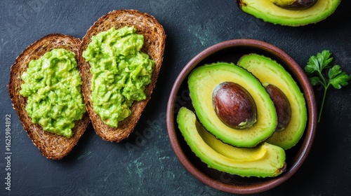 A vibrant image of whole avocados and toasted bread topped with creamy guacamole on a dark background, highlighting a healthy, delicious snack.