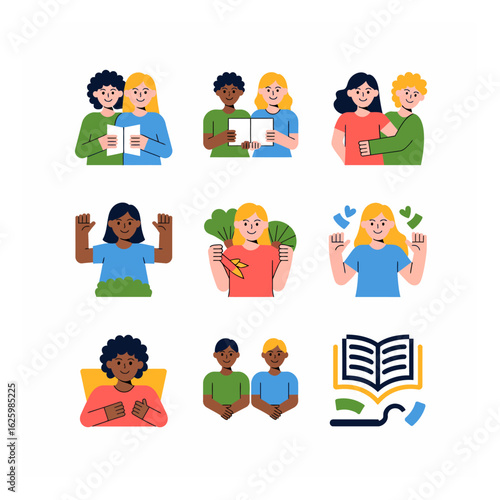 Diverse people and inclusivity represented through cartoon style vector illustrations, promoting unity and community spirit, showcasing various activities and expressions